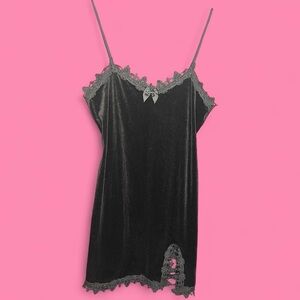 Y2K Black Babydoll Whimsygoth Fairygrunge Velvet Mini Dress w/ Lace Trim